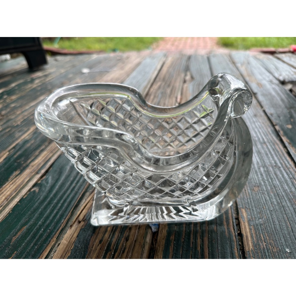 Vintage Clear Pressed Glass Sleigh Candy Dish Diamond Cut Christmas Decor 7 Inch